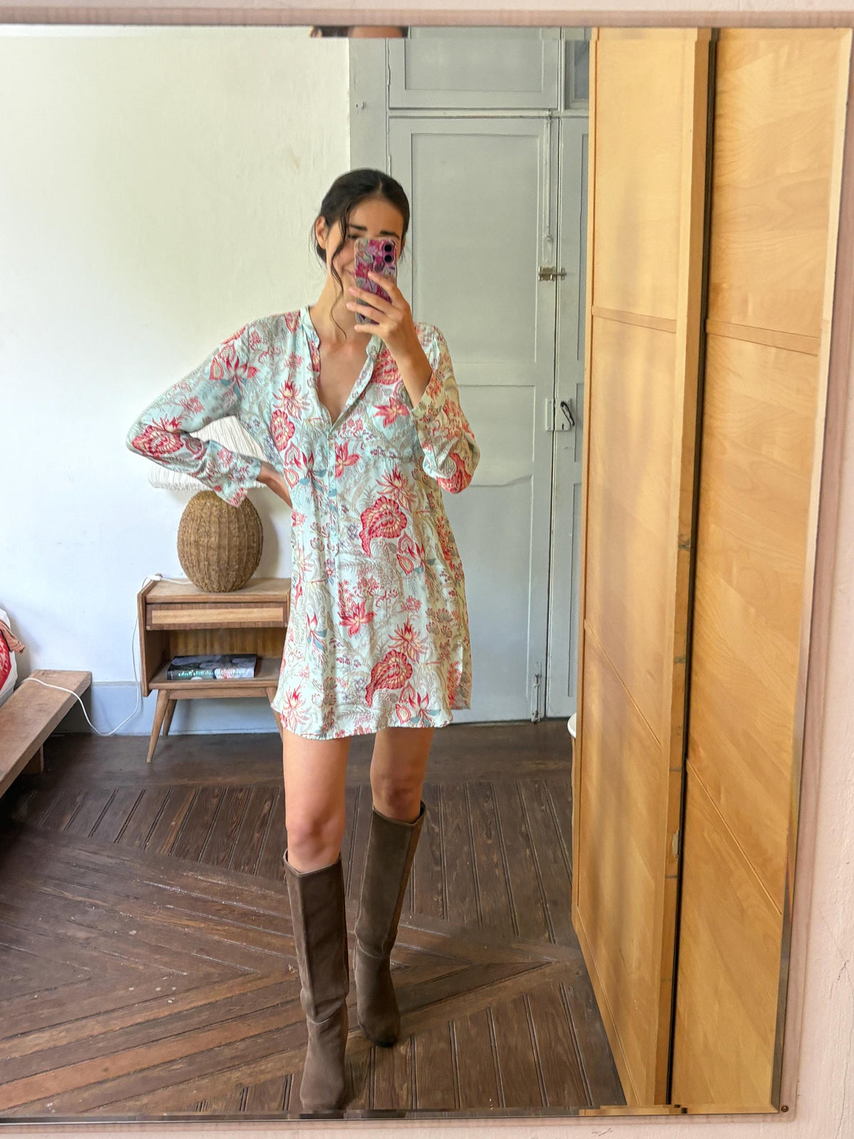 Floral Beach Tunic Dress | Aqua Botanical Shirt Dress with Side Slits | Lightweight Pool and Resort Cover-Up