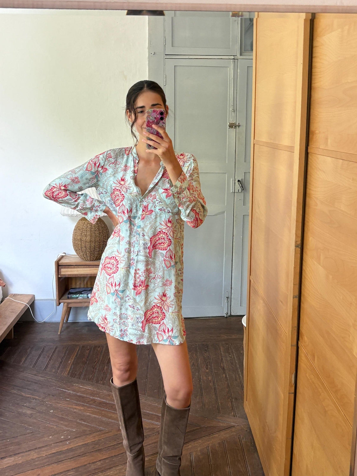 Floral Beach Tunic Dress | Aqua Botanical Shirt Dress with Side Slits | Lightweight Pool and Resort Cover-Up