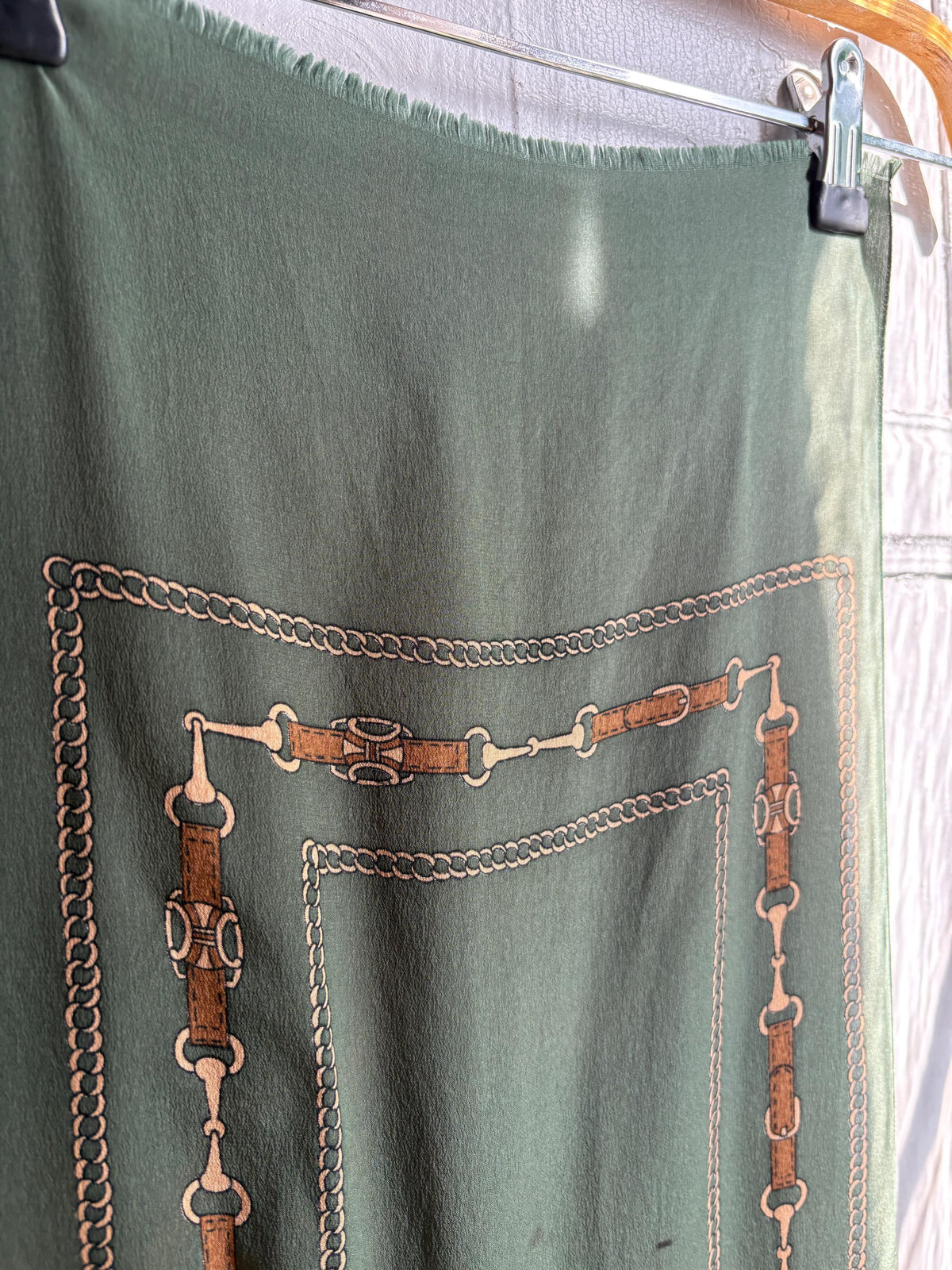 Preloved Designer Foulard , Green Equestrian Scarf | Long Horse Bit & Chain Print Scarf |