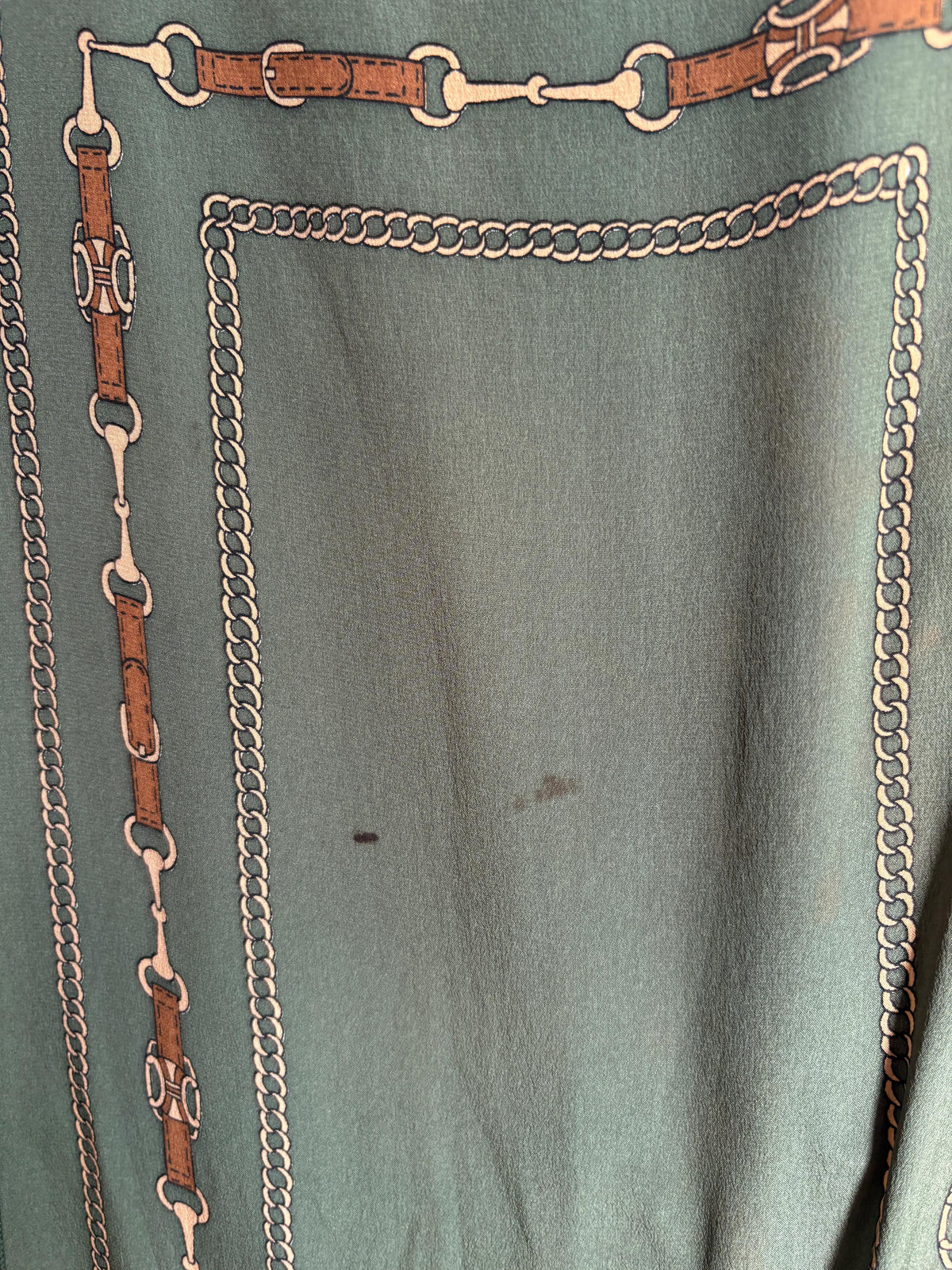 Preloved Designer Foulard , Green Equestrian Scarf | Long Horse Bit & Chain Print Scarf |