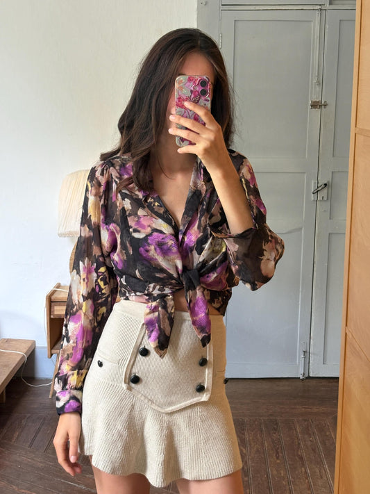 Vintage Sheer Floral Blouse | Black & Purple | Romantic Long Sleeve Top, Size M