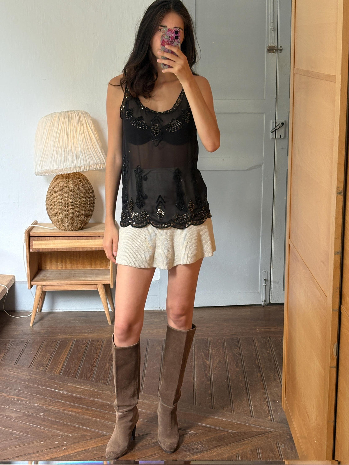 Black Sheer Sequin Tank Top | Beaded Party Top | Y2K Evening Top | Festival see through Piece