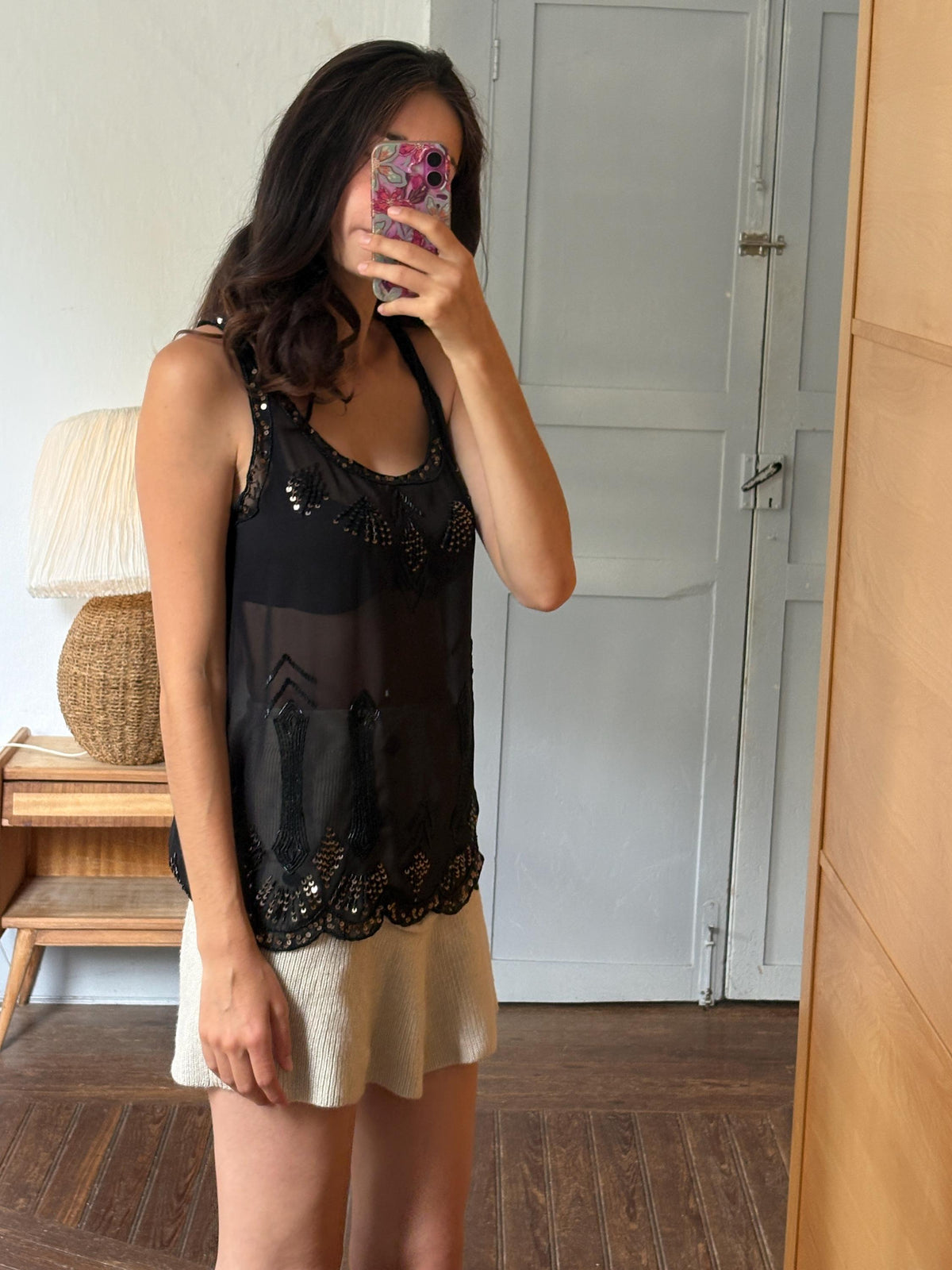 Black Sheer Sequin Tank Top | Beaded Party Top | Y2K Evening Top | Festival see through Piece