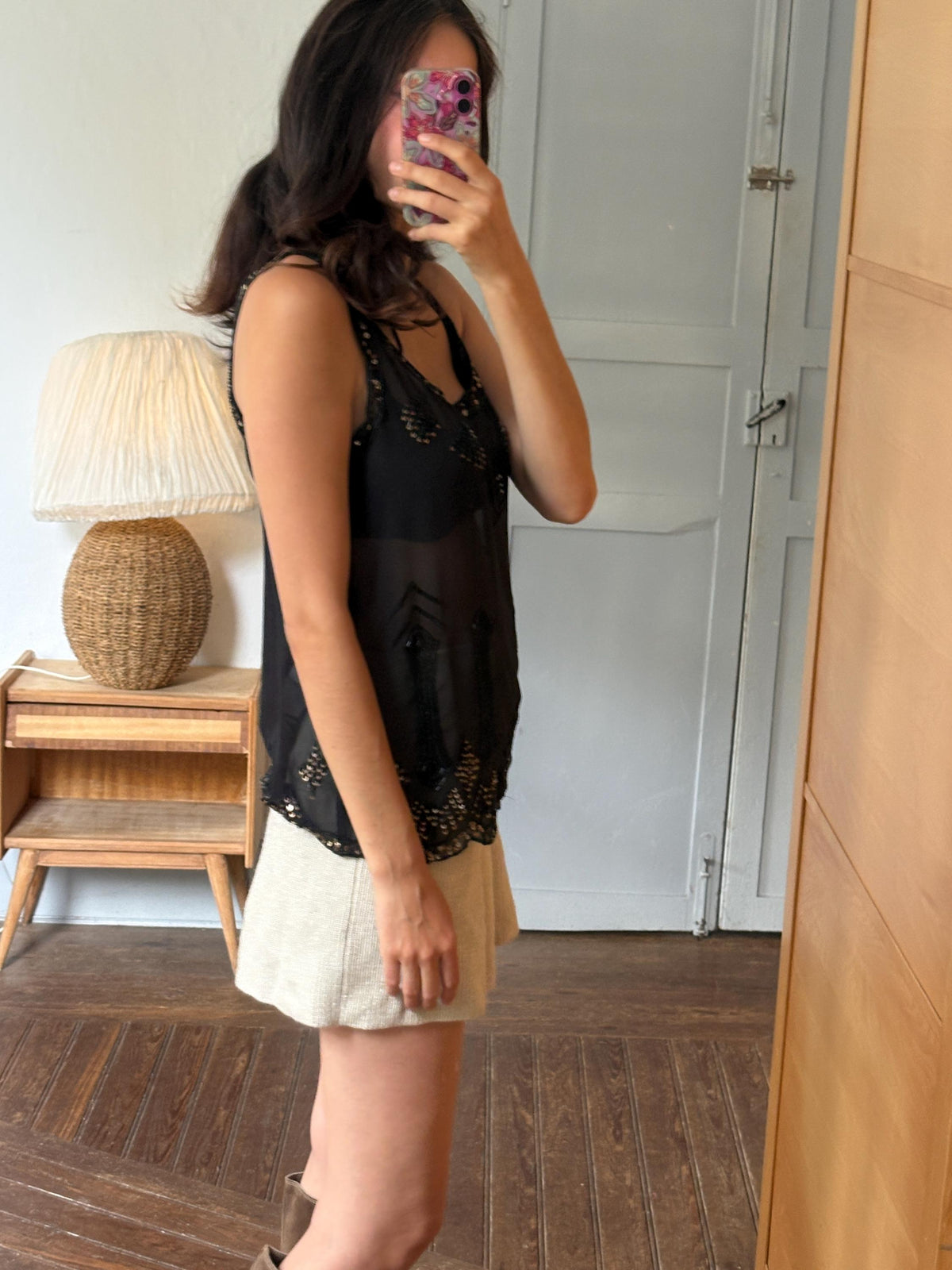Black Sheer Sequin Tank Top | Beaded Party Top | Y2K Evening Top | Festival see through Piece
