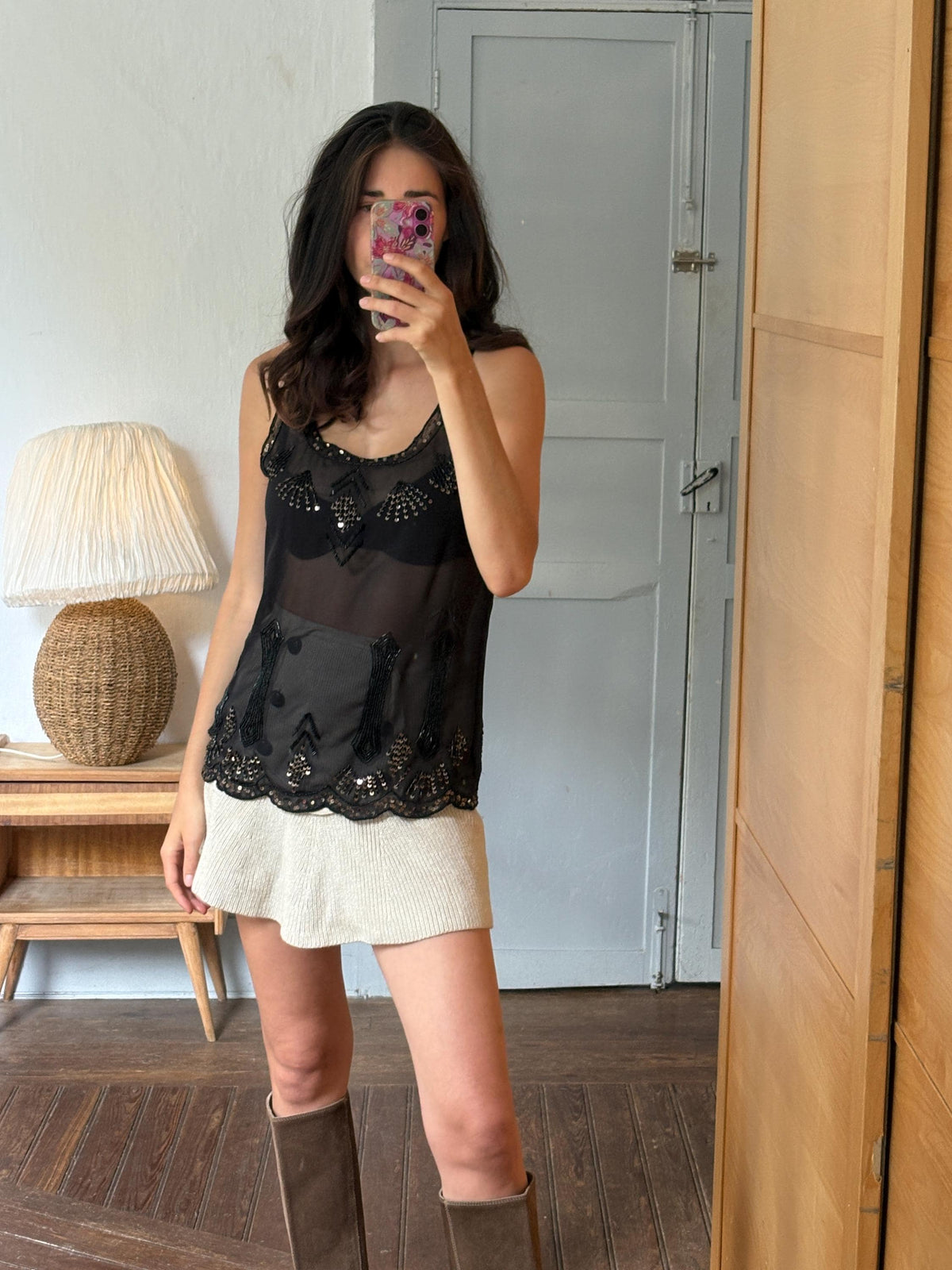 Black Sheer Sequin Tank Top | Beaded Party Top | Y2K Evening Top | Festival see through Piece