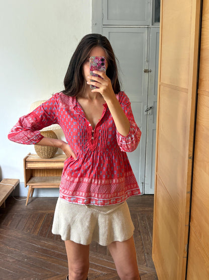 Red Boho Cotton Blouse | Cortefiel | Peasant Top | Festival Hippie Blouse