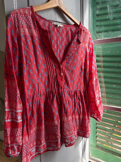 Red Boho Cotton Blouse | Cortefiel | Peasant Top | Festival Hippie Blouse