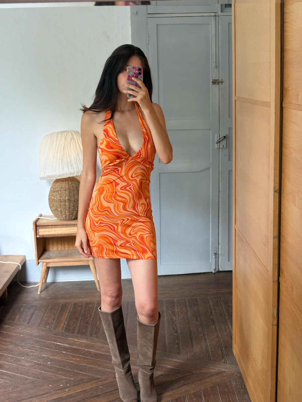 Y2K Orange Psychedelic Halter Mini Dress | Open Back | Retro Party Dress