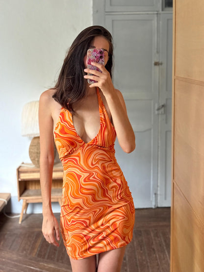 Y2K Orange Psychedelic Halter Mini Dress | Open Back | Retro Party Dress