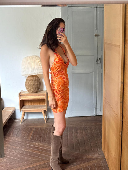Y2K Orange Psychedelic Halter Mini Dress | Open Back | Retro Party Dress