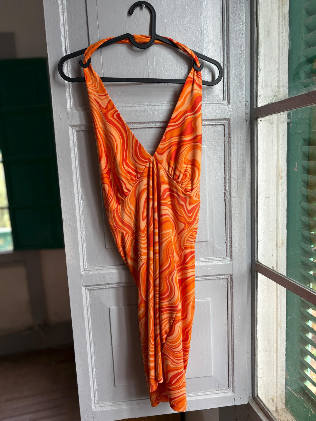 Y2K Orange Psychedelic Halter Mini Dress | Open Back | Retro Party Dress