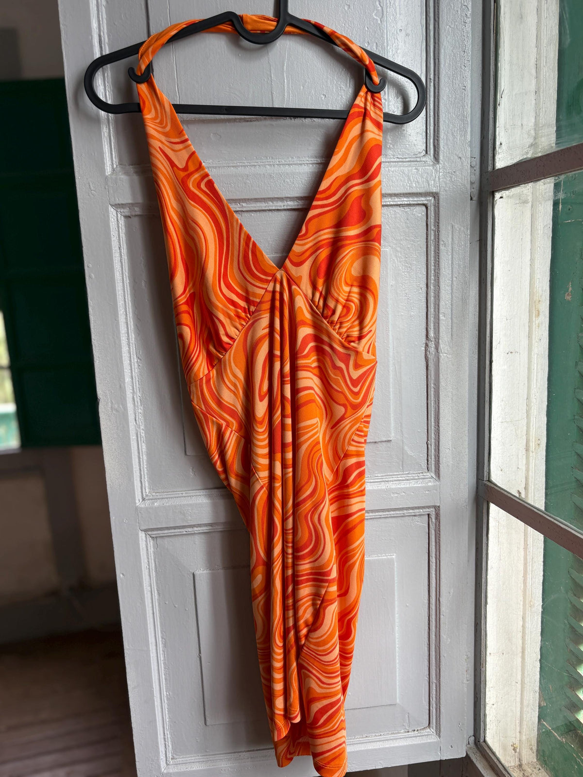 Y2K Orange Psychedelic Halter Mini Dress | Open Back | Retro Party Dress