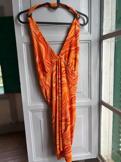 Y2K Orange Psychedelic Halter Mini Dress | Open Back | Retro Party Dress