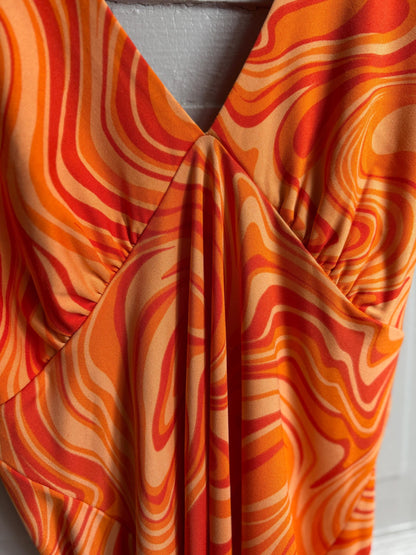 Y2K Orange Psychedelic Halter Mini Dress | Open Back | Retro Party Dress