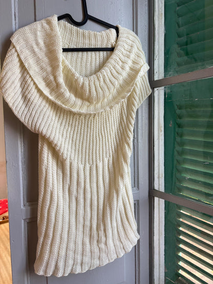Vintage Y2K Cream Knit Cowl Neck Top | Soft Ribbed Sweater Tee | Cozy Minimalist