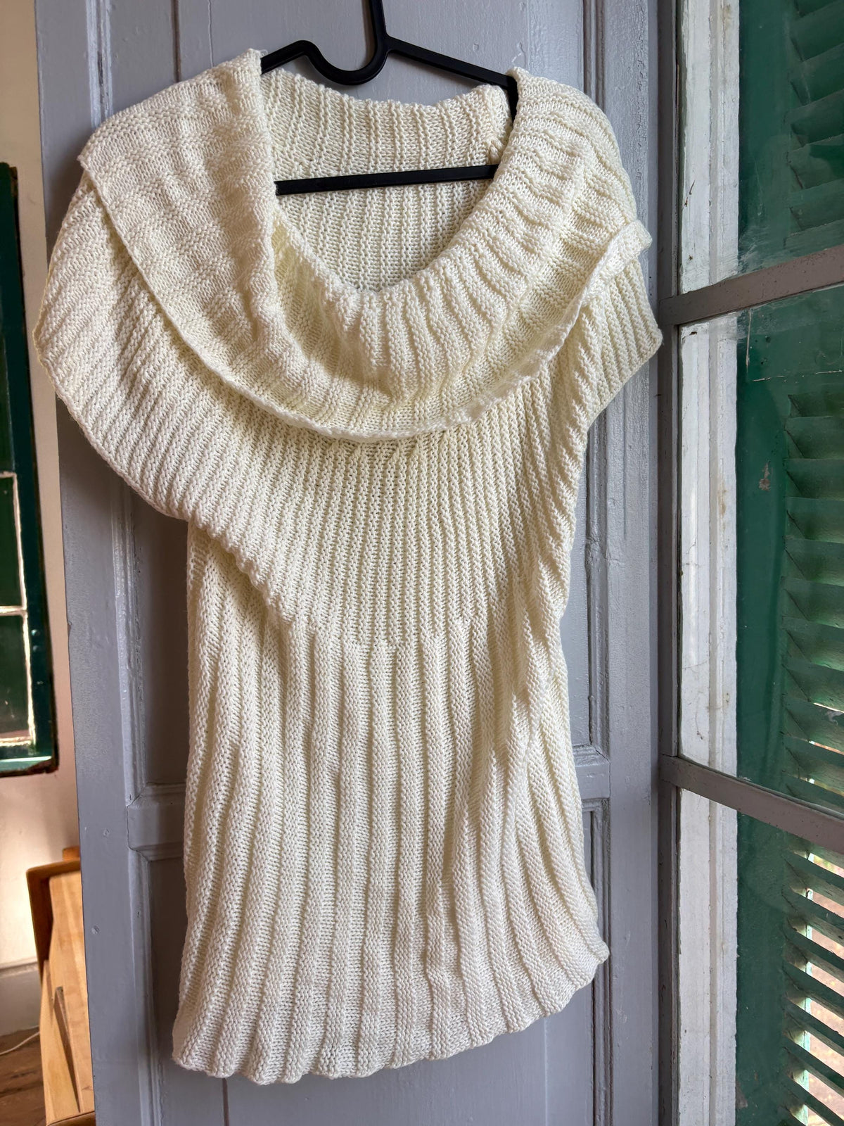 Vintage Y2K Cream Knit Cowl Neck Top | Soft Ribbed Sweater Tee | Cozy Minimalist