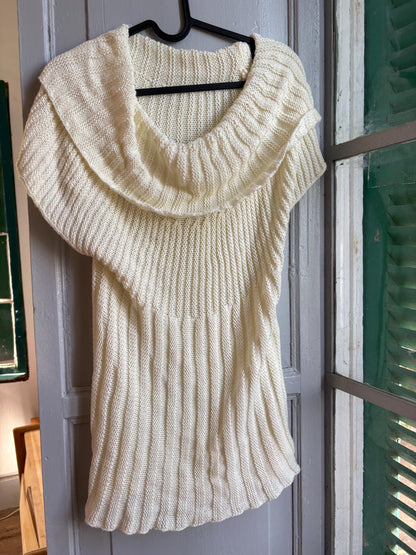 Vintage Y2K Cream Knit Cowl Neck Top | Soft Ribbed Sweater Tee | Cozy Minimalist