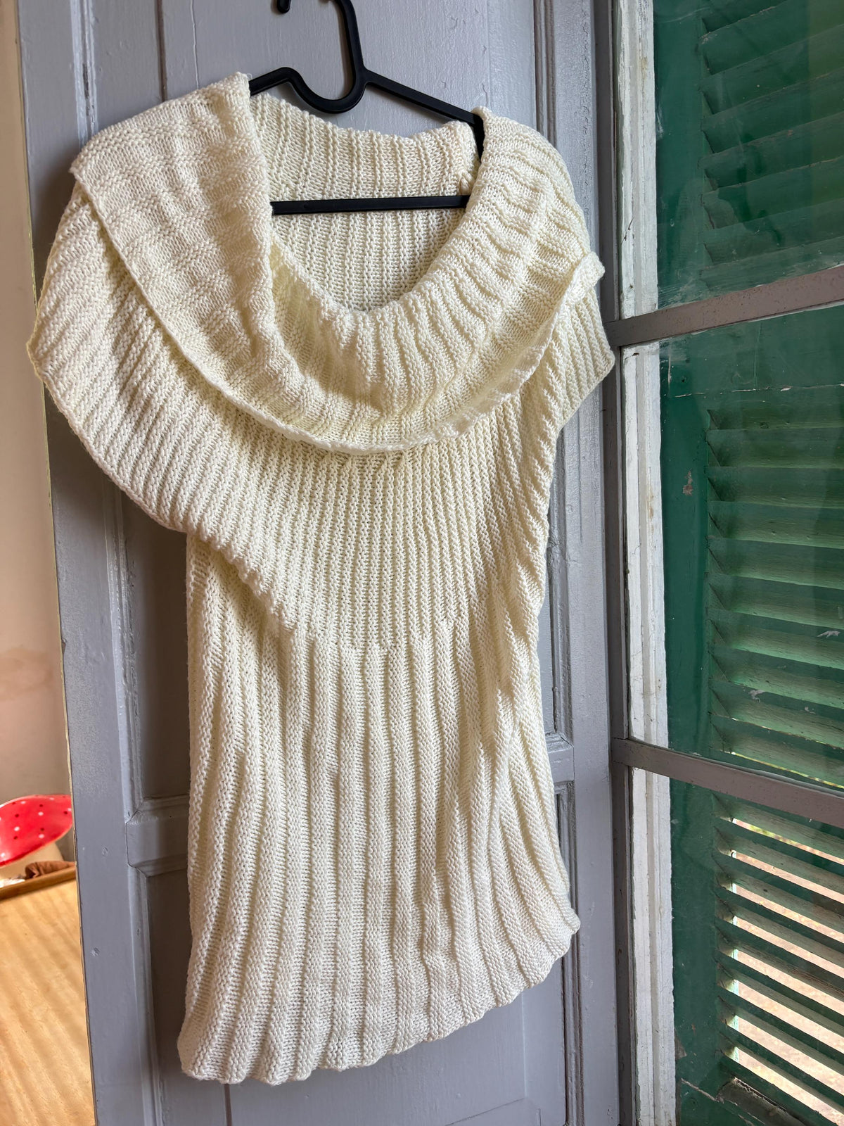 Vintage Y2K Cream Knit Cowl Neck Top | Soft Ribbed Sweater Tee | Cozy Minimalist