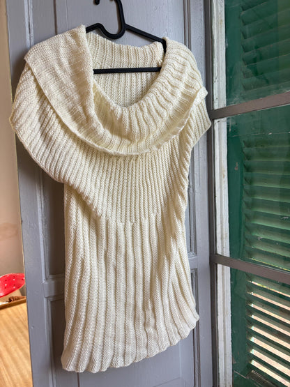 Vintage Y2K Cream Knit Cowl Neck Top | Soft Ribbed Sweater Tee | Cozy Minimalist