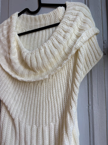 Vintage Y2K Cream Knit Cowl Neck Top | Soft Ribbed Sweater Tee | Cozy Minimalist