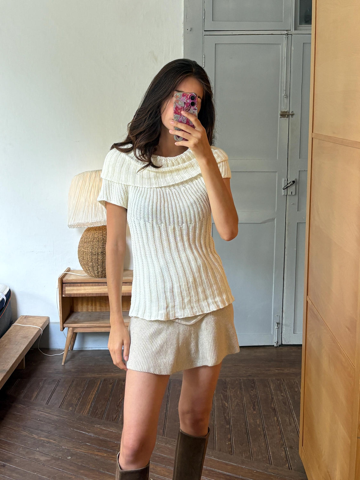 Vintage Y2K Cream Knit Cowl Neck Top | Soft Ribbed Sweater Tee | Cozy Minimalist