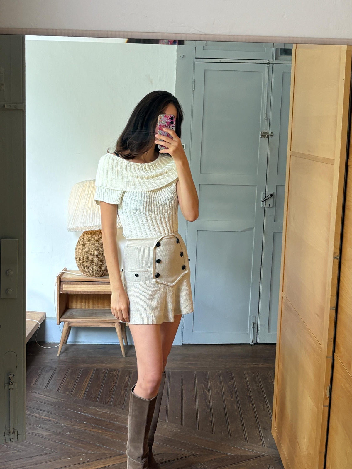 Vintage Y2K Cream Knit Cowl Neck Top | Soft Ribbed Sweater Tee | Cozy Minimalist