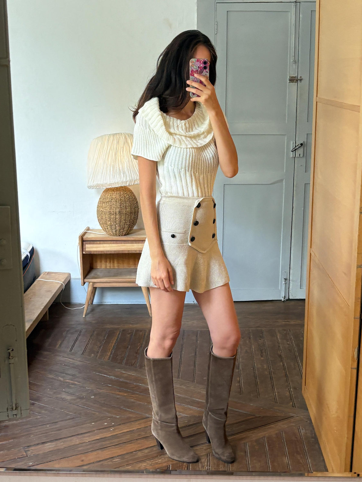 Vintage Y2K Cream Knit Cowl Neck Top | Soft Ribbed Sweater Tee | Cozy Minimalist
