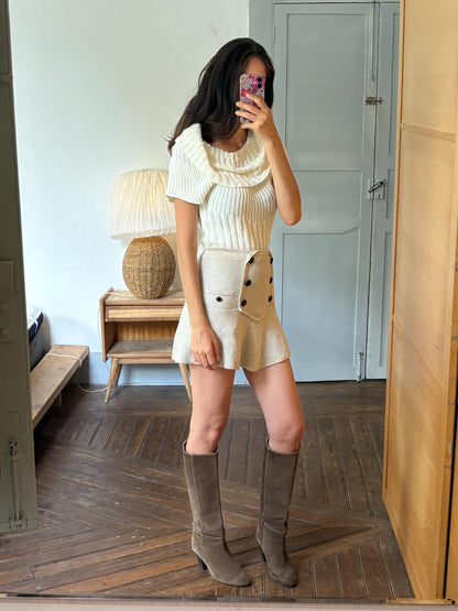Vintage Y2K Cream Knit Cowl Neck Top | Soft Ribbed Sweater Tee | Cozy Minimalist