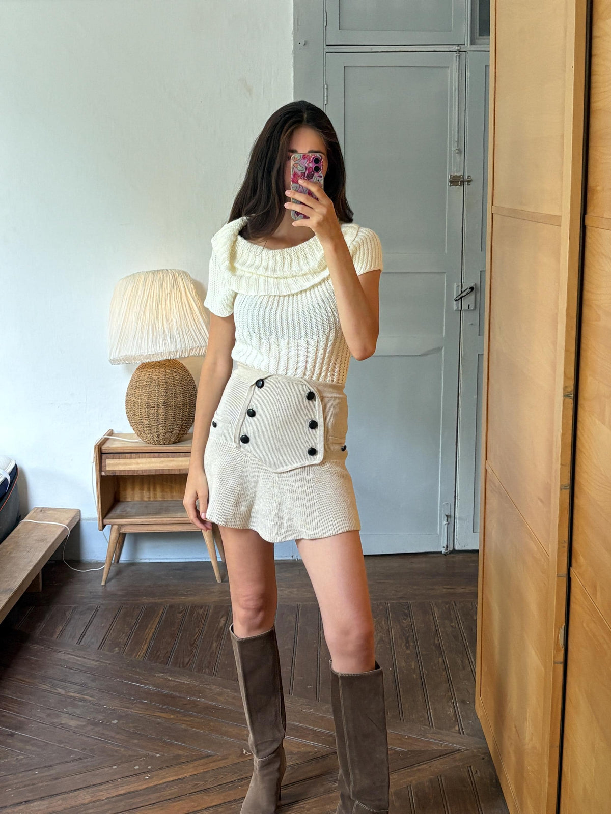 Vintage Y2K Cream Knit Cowl Neck Top | Soft Ribbed Sweater Tee | Cozy Minimalist