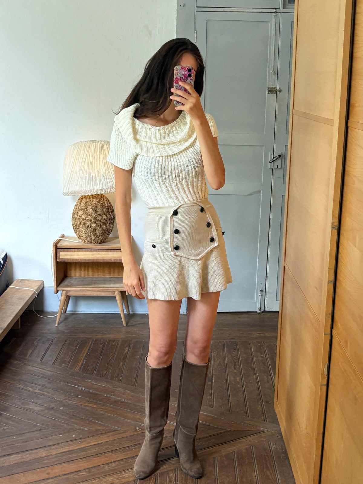 Vintage Y2K Cream Knit Cowl Neck Top | Soft Ribbed Sweater Tee | Cozy Minimalist