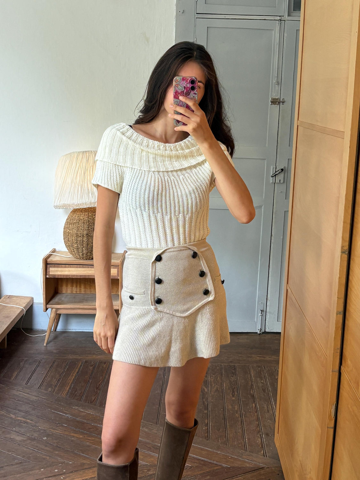 Vintage Y2K Cream Knit Cowl Neck Top | Soft Ribbed Sweater Tee | Cozy Minimalist
