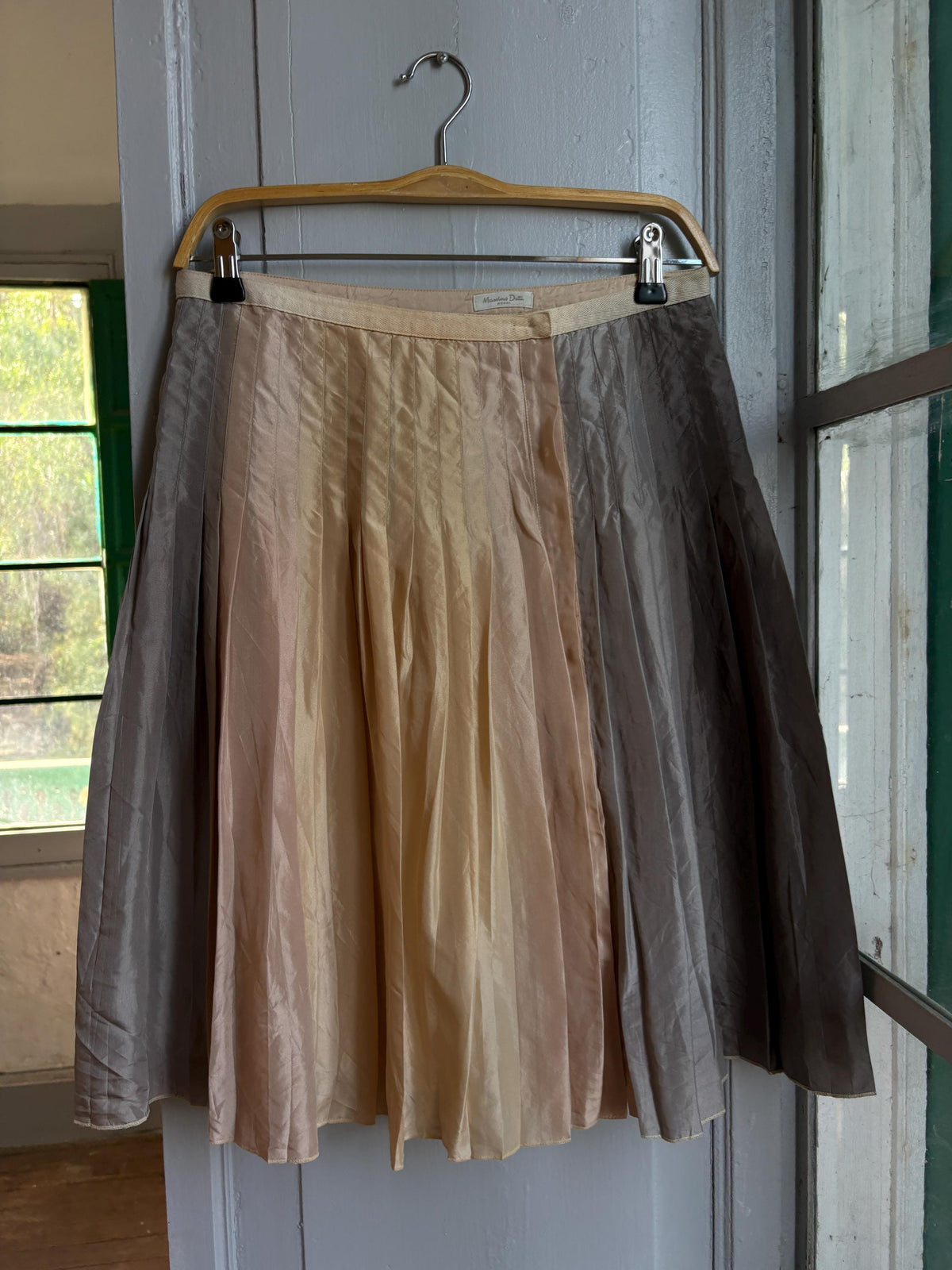 Massimo Dutti 100% Silk Pleated Midi Skirt | Luxe Neutral Champagne Beige | Minimalist Elegant Skirt