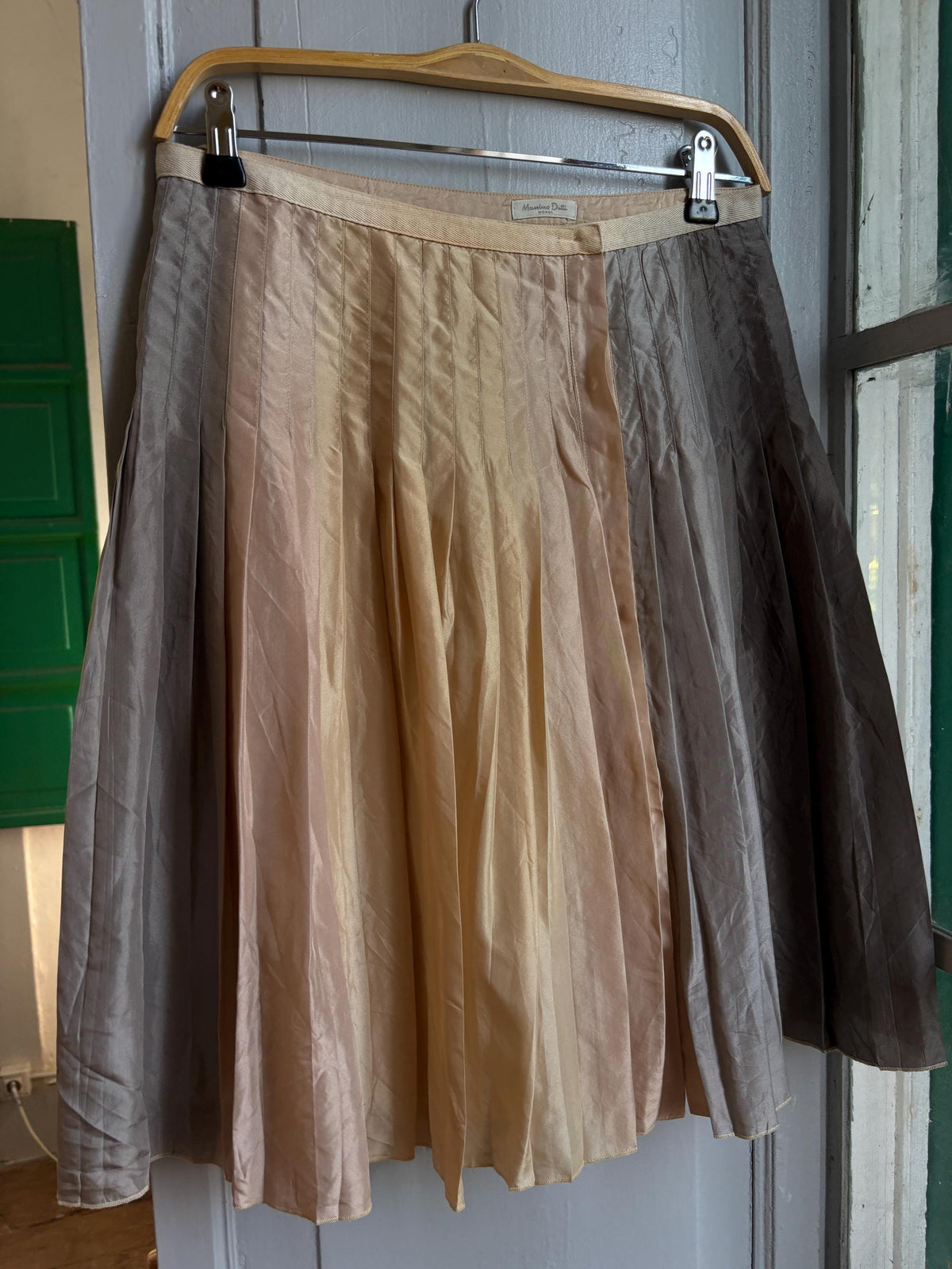 Massimo Dutti 100% Silk Pleated Midi Skirt | Luxe Neutral Champagne Beige | Minimalist Elegant Skirt