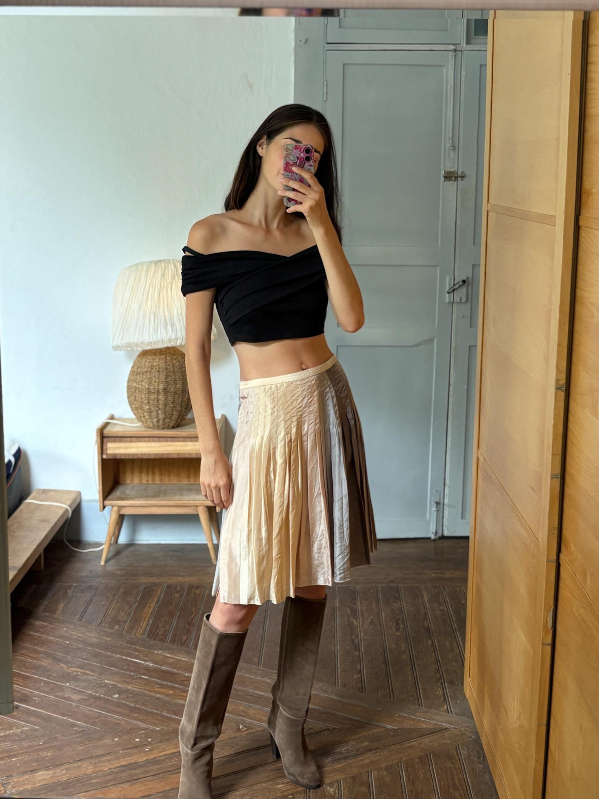 Massimo Dutti 100% Silk Pleated Midi Skirt | Luxe Neutral Champagne Beige | Minimalist Elegant Skirt