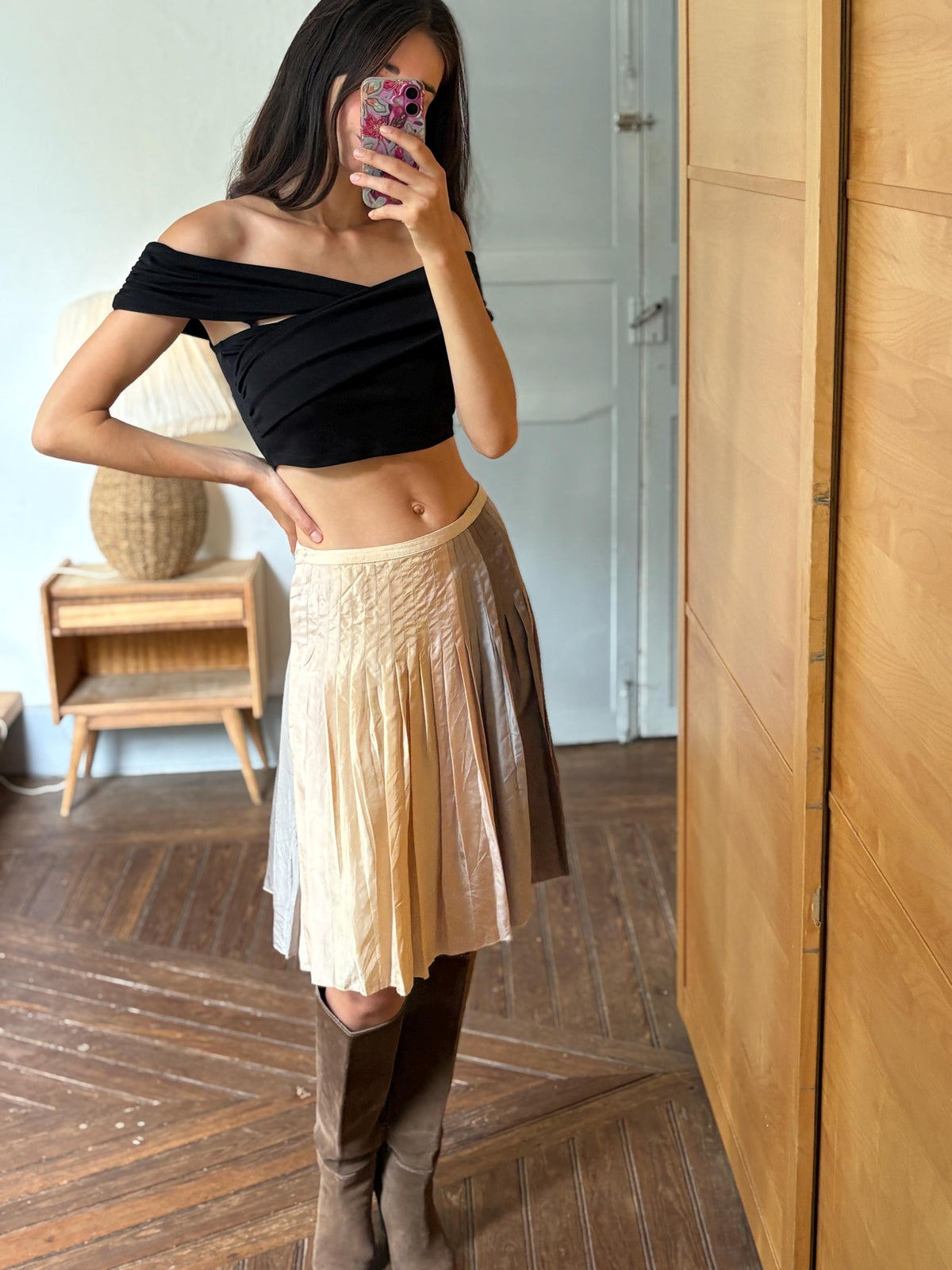 Massimo Dutti 100% Silk Pleated Midi Skirt | Luxe Neutral Champagne Beige | Minimalist Elegant Skirt