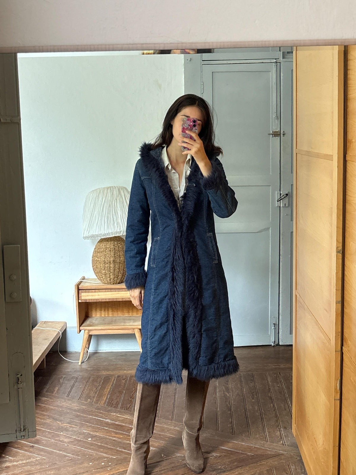 Vintage Y2K Long Denim Coat with Faux Fur Hood | Dark Wash Hooded Winter Coat | Cozy Statement Jacket