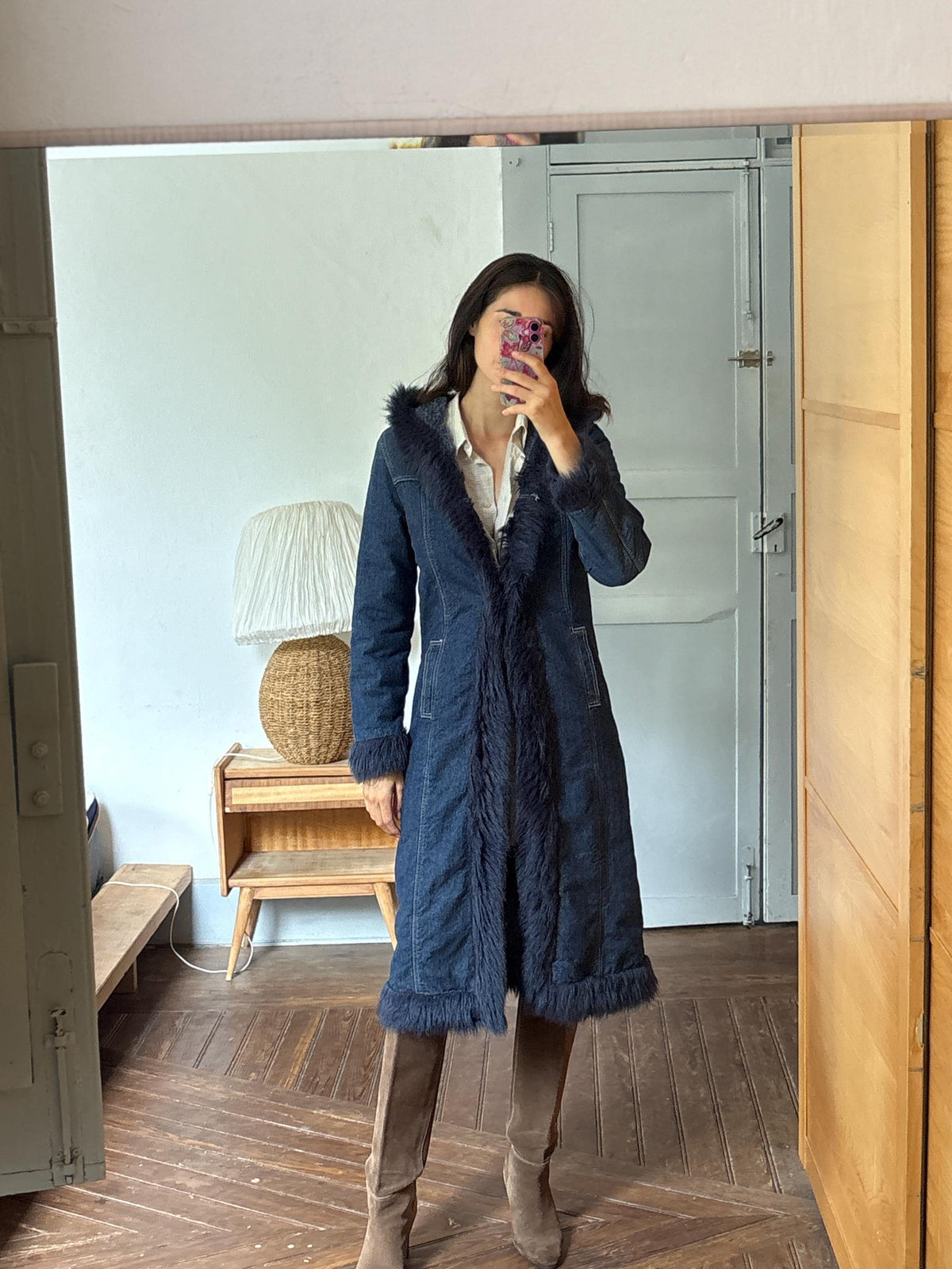 Vintage Y2K Long Denim Coat with Faux Fur Hood | Dark Wash Hooded Winter Coat | Cozy Statement Jacket