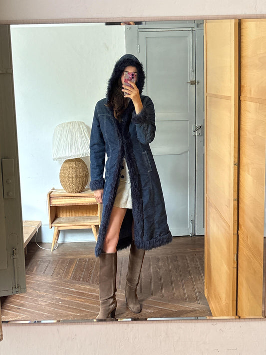 Vintage Y2K Long Denim Coat with Faux Fur Hood | Dark Wash Hooded Winter Coat | Cozy Statement Jacket