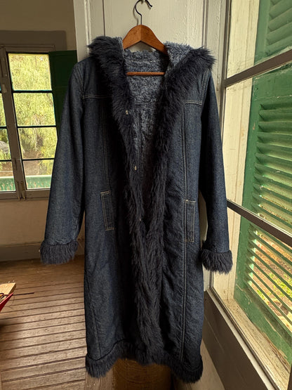 Vintage Y2K Long Denim Coat with Faux Fur Hood | Dark Wash Hooded Winter Coat | Cozy Statement Jacket