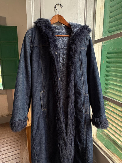 Vintage Y2K Long Denim Coat with Faux Fur Hood | Dark Wash Hooded Winter Coat | Cozy Statement Jacket