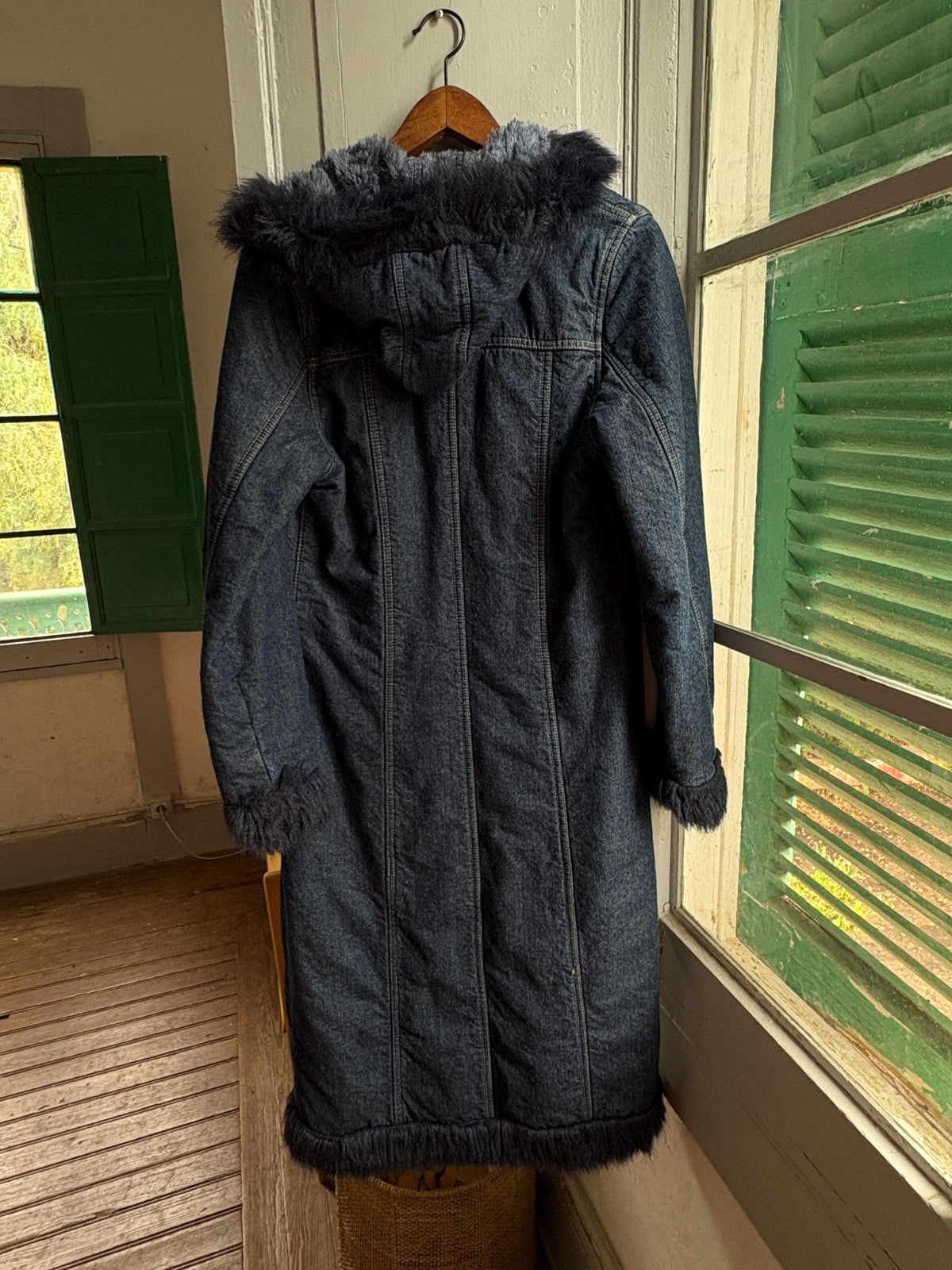 Vintage Y2K Long Denim Coat with Faux Fur Hood | Dark Wash Hooded Winter Coat | Cozy Statement Jacket