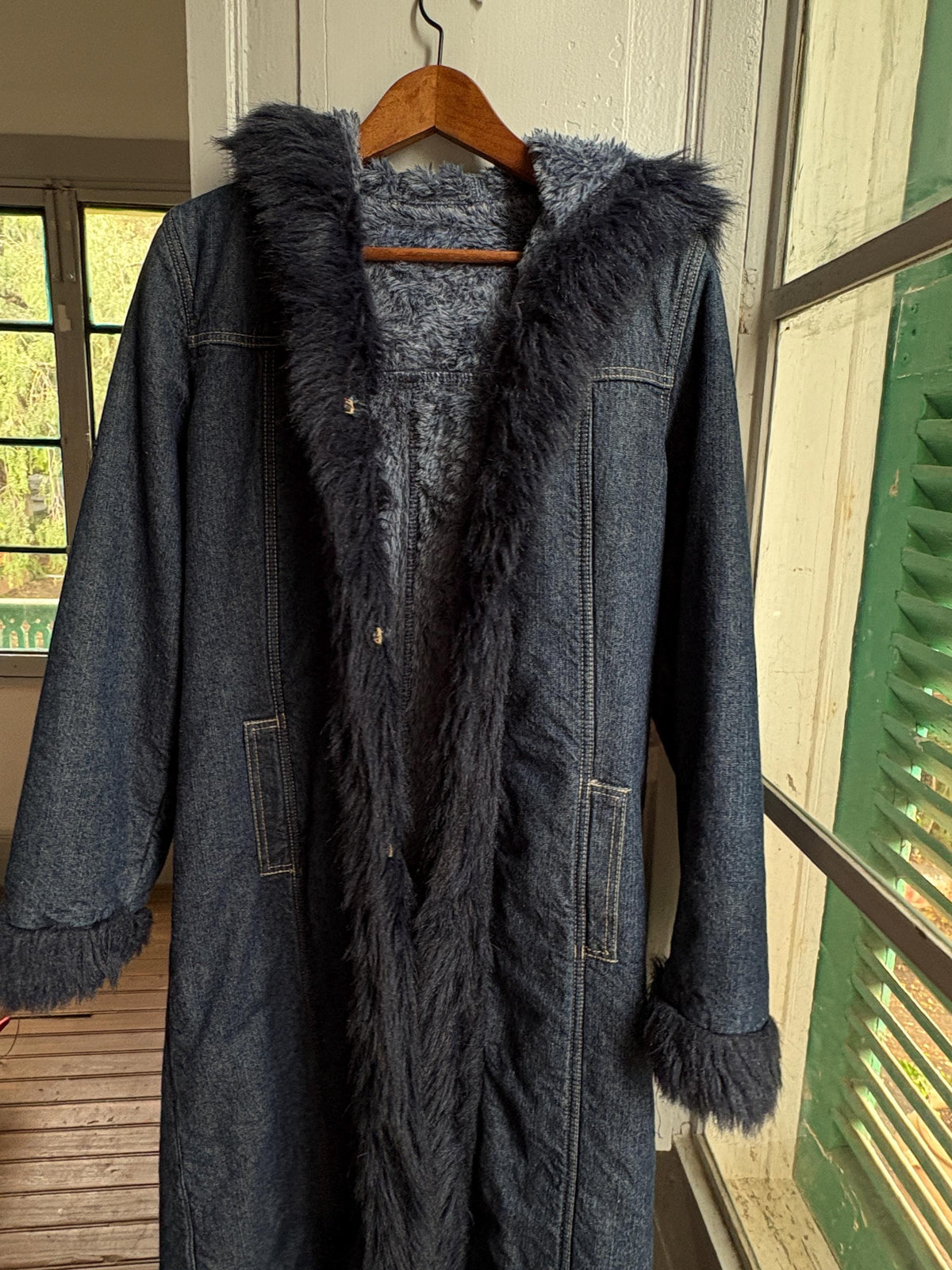 Vintage Y2K Long Denim Coat with Faux Fur Hood | Dark Wash Hooded Winter Coat | Cozy Statement Jacket