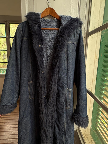 Vintage Y2K Long Denim Coat with Faux Fur Hood | Dark Wash Hooded Winter Coat | Cozy Statement Jacket