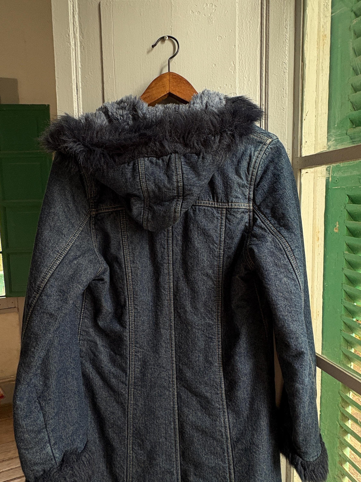 Vintage Y2K Long Denim Coat with Faux Fur Hood | Dark Wash Hooded Winter Coat | Cozy Statement Jacket