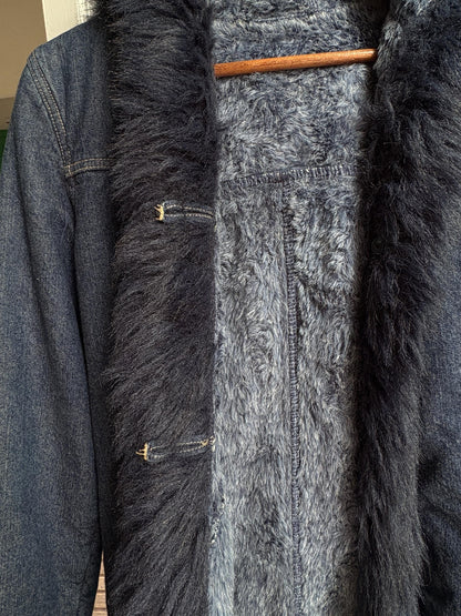 Vintage Y2K Long Denim Coat with Faux Fur Hood | Dark Wash Hooded Winter Coat | Cozy Statement Jacket