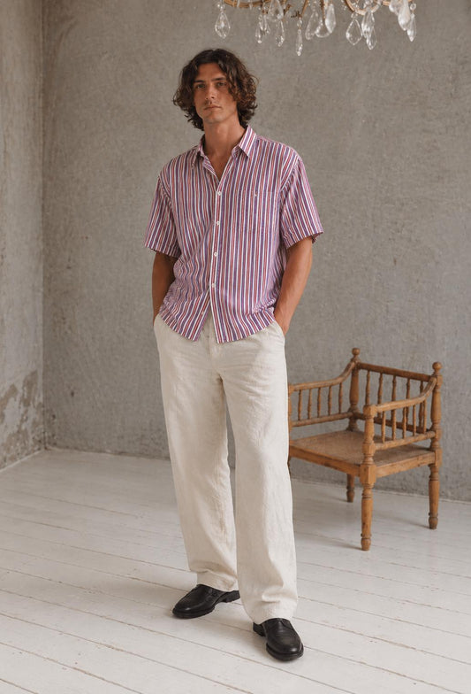 Vintage Striped Men's Button-Up Shirt | Pink Blue White | Retro Short Sleeve | Cotton Blend | Oversized Casual Shirt