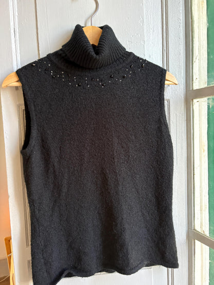 Vintage Y2K Black Sleeveless Turtleneck Sweater | Beaded Knit Top | Soft Wool Blend | Goth Minimalist