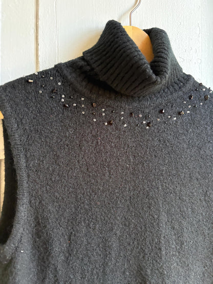 Vintage Y2K Black Sleeveless Turtleneck Sweater | Beaded Knit Top | Soft Wool Blend | Goth Minimalist