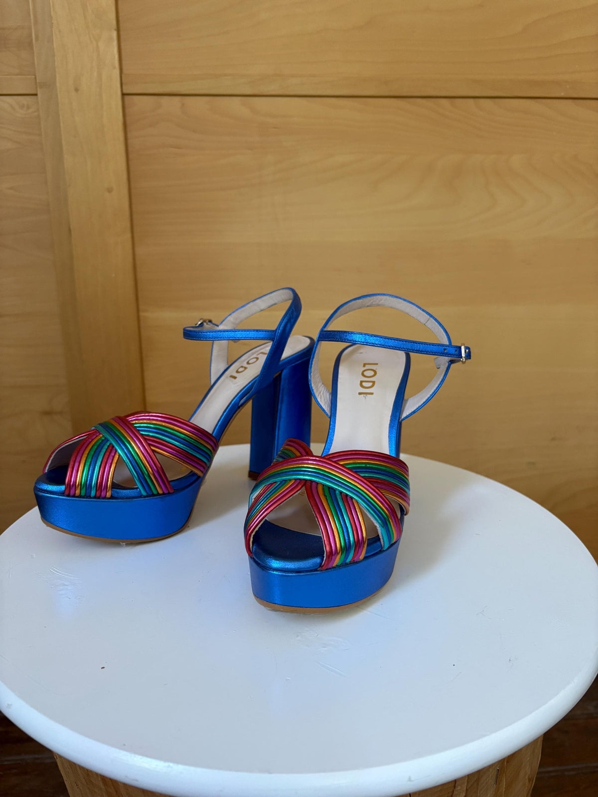 Rainbow Leather Platform Heels EU 37 | Metallic Blue Spanish Sandals | Colorful Chunky Party Shoes Made in Spain