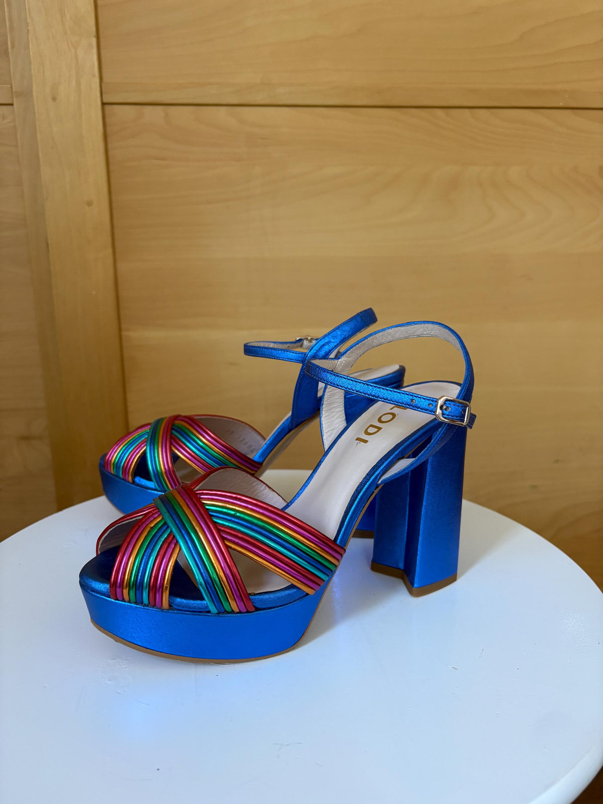 Rainbow Leather Platform Heels EU 37 | Metallic Blue Spanish Sandals | Colorful Chunky Party Shoes Made in Spain